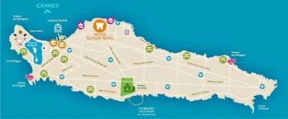 Carte de l'ile Sainte-Marguerite avec points d'intérêts et balades - Cannes